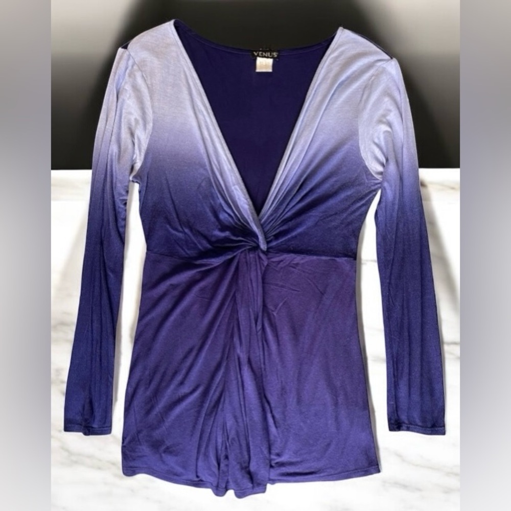 VENUS Women’s Blue Ombré with Cinched Waist & Deep V-neck Blouse